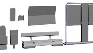 Kit MOBILIER de GARE FO 1 BANC, 2 BOÎTES aux LETTRES, 2 COMPOSTEURS, 2 DISTIBUTEURS de BILLETS,