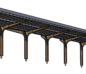 MARQUISE GARE ÉTTELBRUCK : Le Kit de la marquise est constitué d'un socle qui permet de fixer les 10 piliers de la marquise. celle-ci est composée de poutres, de solives et de revêtements intérieurs et extérieurs.