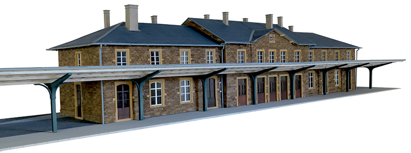 Kit GARE D'ETTELBRUCK : ce Kit représente la gare telle qu'elle était en 1926, à trois corps rattachés, sans toilettes latérales et avec des cheminées en maçonnerie. Les fenêtres du rez-de-chaussée avaient déjà été modifiées mais portent la marque d'une arcature ancienne.
L'empierrement fait l'objet d'une fine gravure en relief qui rend parfaitement l'aspect des pierres originales. La marquise est livrée option avec le socle, référence 365-18.. – Image 2