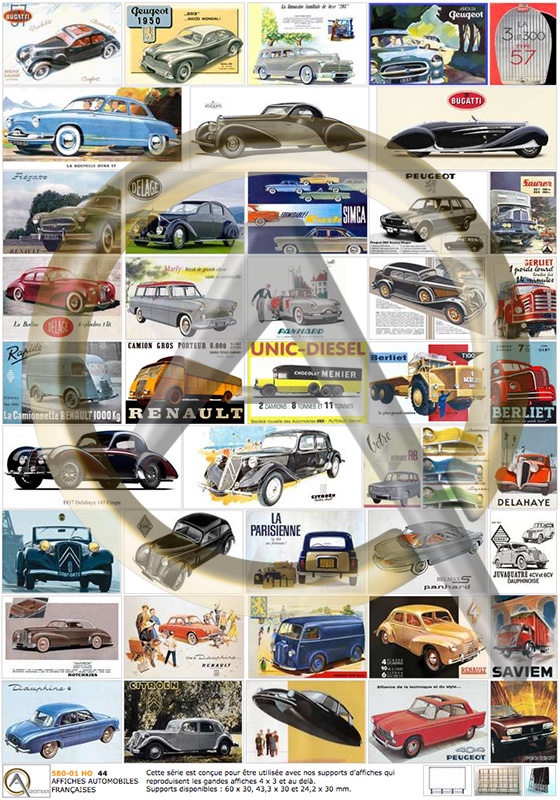 AFFICHES VOITURES FRANÇAISES pour panneaux d'affichages. Livrées avec 3 supports en Kit bois. Ces supports peuvent être commandés à part (1010-34, 1010-35 et 1010-36).