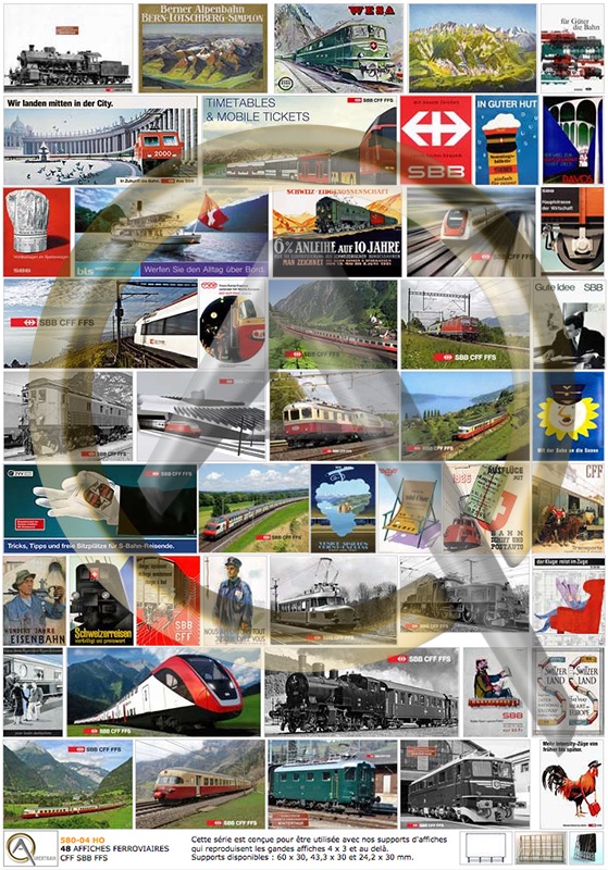 AFFICHES CFF et sur la SUISSE. Livrées avec 3 supports en Kit bois. Ces supports peuvent être commandés à part (1010-34, 1010-35 et 1010-36).
