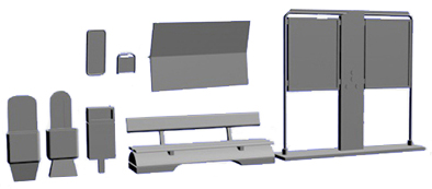 Kit MOBILIER de GARE FO 1 BANC, 2 BOÎTES aux LETTRES, 2 COMPOSTEURS, 2 DISTIBUTEURS de BILLETS,