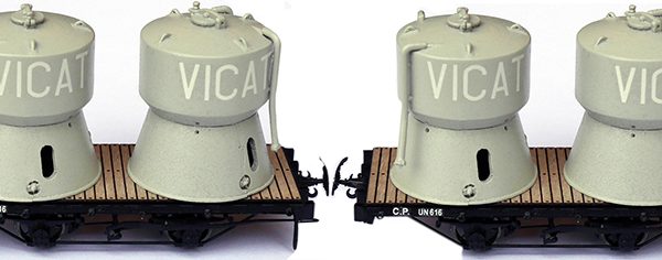 PAIRE de WAGONS PLATS avec CUVE VICAT MONTÉE PEINTE